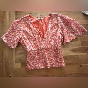 Abercrombie & Fitch Coral Pink Smocked V-Neck Flutter Sleeve Blouse
